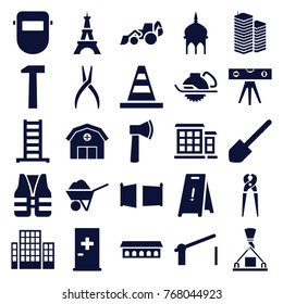 Set of 25 construction filled icons such as aid post, mosque, ladder, eiffel tower, wet floor, shovel, cone, excavator, electric saw, welder mask, barrier, gate, life vest