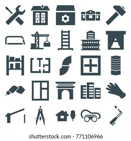 Set of 25 construction filled icons such as business centre, construction crane, ladder, building, gloves, window, gear, welding glasses, house and tree, cargo barn, barrier