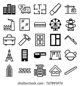 Set of 25 construction filled and outline icons such as building, window, ferris wheel, measuring tape, stairs, barn, eiffel tower, saw, toolbox, hummer, saw blade, blowtorch