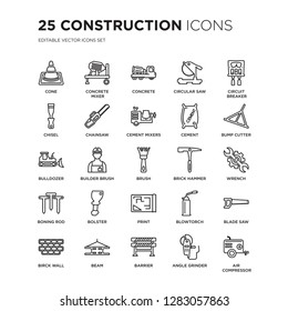 Set of 25 Construction linear icons such as Cone, Concrete mixer, Concrete, Circular saw, Circuit Breaker, Bump cutter, Wrench, vector illustration of trendy icon pack. Line icons with thin line