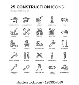 Set of 25 Construction linear icons such as Wheelbarrow, Wheel barrow, Welding, Wedge tool, Vise, Tipper, Spade Screw, vector illustration of trendy icon pack. Line icons with thin line stroke.