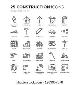 Set of 25 Construction linear icons such as hook with cargo, home repair, Hoe, High voltage, Hex key, Gas pipe, Driller, vector illustration of trendy icon pack. Line icons with thin line stroke.