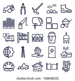Set of 25 construction outline icons such as aid post, mosque, brick wall, house building, building, level equipment, house, home care, construction, excavator, pliers