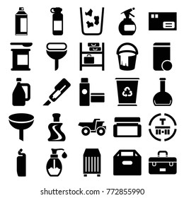 Set of 25 container filled icons such as spray bottle, bucket, cleanser, cutter, parcel, filter, box, bottle for fitness, protein powder, soap, cargo terminal, cargo container