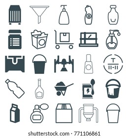 Set of 25 container filled and outline icons such as parcel, bucket, milk, box, cargo container, perfume, soap, water bottle, take away food, cargo terminal, cargo on cart