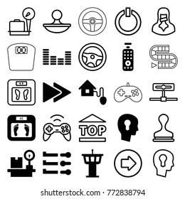 Set of 25 control filled and outline icons such as airport tower, floor scales, lugagge weight, fast forward, equalizer, slider, smart home, keyhole in head, remote control