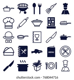 Set of 25 cook filled and outline icons such as fork and spoon, pan, bbq, chef, menu, knife, extinct fish, noodles fast food, chef hat, dough pin, pan-fry