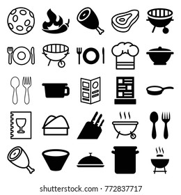 Set of 25 cook filled and outline icons such as beef, barbeque, pot, bbq, plate fork and spoon, menu, bowl, pan, knife, chef hat, extinct sea creature, chili, spoon and fork