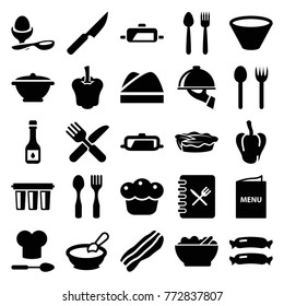 Set of 25 cooking filled icons such as sausage, pepper, pan, porridge, fork and spoon, boiled egg, pie, fork and knife, chef hat, menu, bacon, dish serving, bowl, knife