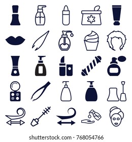 Set of 25 cosmetic filled and outline icons such as perfume, cream tube, hair curler, curly hair, lips, eyeshadow palette, nail polish, lipstick, tweezers, soap, cream