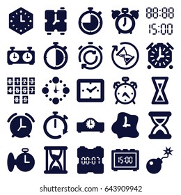 Set of 25 countdown filled icons such as alarm, bomb, hourglass, wall clock, digital time, clock