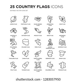 Set of 25 Country Flags linear icons such as Japan flag, Portugal Saudi Arabia Argentina Iran flag, vector illustration of trendy icon pack. Line icons with thin line stroke.