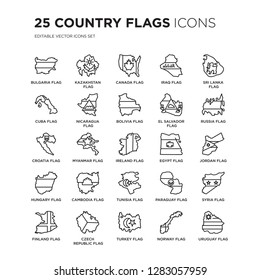 Set of 25 Country Flags linear icons such as Bulgaria flag, Kazakhstan Canada Iraq Sri Lanka flag, vector illustration of trendy icon pack. Line icons with thin line stroke.