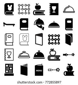 Set of 25 cover filled and outline icons such as book, apple on book, photo album, dish, menu, dish serving, sunbed