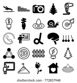 Set of 25 creative filled and outline icons such as alpha, christmas tree, brain, home with heart, rose, fluorescent lamp, teacher, camera, water drop, d letter, equalizer