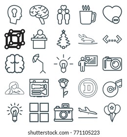 Set of 25 creative outline icons such as plane landing, mug, brain, cube, teacher, rose, christmas tree, camera, gay couple, minus favorite, bulb, quotation