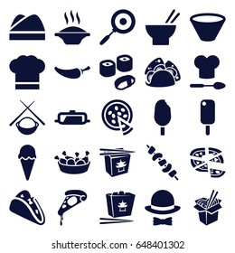 set of 25 cuisine filled icons such as pan, taco, pizza, fast food, asian food, chicken leg, noodles fast food, pepper, kebab, chef hat, hat and bow