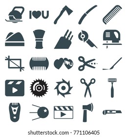 Set of 25 cut filled icons such as barber scissors, comb, electric razor, electric saw, scissors, cutter, axe, gardening knife, scalpel, core, i love you, movie clapper, crop