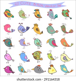 Set of 25 cute birds in vector. Cartoon collection with funny little bird family.