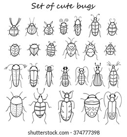 Set of 25 cute cartoon insects in vector. Bugs doodle collection.