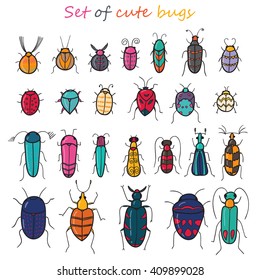 Set of 25 cute color cartoon insects in vector. Bugs doodle collection.