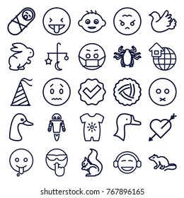 Set of 25 cute outline icons such as nest, rabbit, goose, mouse, squirrel, beetle, baby, bed mobile, baby onesie, tick, sad emot, emoji, cool emot, showing tongue emot