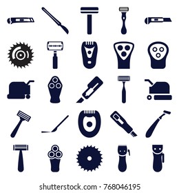 Set of 25 cutter filled icons such as razor, electric razor, lawn mower, blade saw, cutter