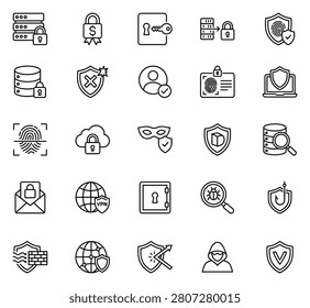 Set of 25 cybersecurity line icons including data protection, encryption, firewall, vpn, firewall, virus detection, key security, identity verification and hacker on transparent background