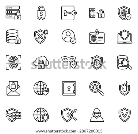 Set of 25 cybersecurity line icons including data protection, encryption, firewall, vpn, firewall, virus detection, key security, identity verification and hacker on transparent background