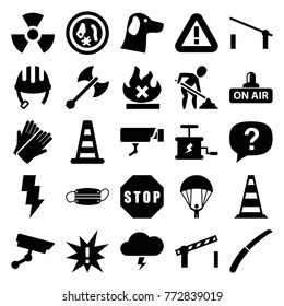 Set of 25 danger filled icons such as barrier, cone barrier, helmet, gloves, wolf, gardening knife, microorganism, exclamation, no fire, open air, medical mask, road barrier