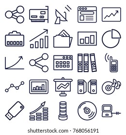 Set of 25 data outline icons such as laptop connection, business center building, money growth, graph on board, graph, binder, share, disc on fire, browser, phone cable