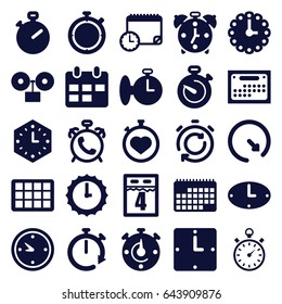 Set of 25 deadline filled icons such as alarm, stopwatch, clock, wall clock, sundial, calendar, 4th date calendar