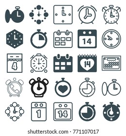 Set of 25 deadline filled and outline icons such as stopwatch, 14 date, 14 date calendar, wall clock, calendar, clock, alarm