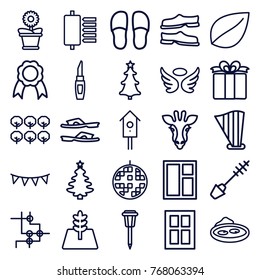 Set of 25 decorative outline icons such as tree, giraffe, window, wings, mascara, leaf, lipstick, slippers, christmas tree, flower pot, street lamp, pond, nesting house