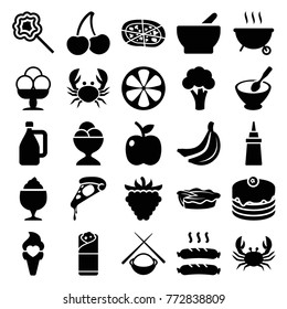 Juego de 25 deliciosos íconos rellenos como coliflor, cangrejo, pizza, ketchup, pastel, bola de helado, batido, burrito, pastel, langosta, frambuesa, limón, helado, salchicha