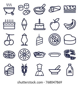 Set of 25 delicious outline icons such as bowl, milk can, cherry, banana, crab, porridge, cake with one candle, wrap sandwich, ice cream, piece of cake, pizza, milkshake, pie