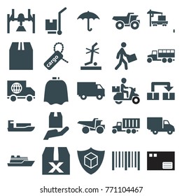 Set of 25 delivery filled icons such as hairdresser peignoir, truck, ship, box, question box, cargo tag, keep dry cargo, no standing nearby, bar code, courier, delivery car