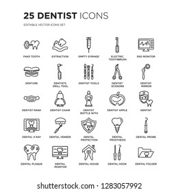 Set of 25 Dentist linear icons such as Fake Tooth, Extraction, Empty syringe, Electric toothbrush, Ekg monitor, Mirror, vector illustration of trendy icon pack. Line icons with thin line stroke.