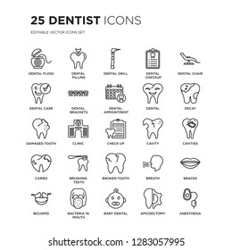 Set of 25 Dentist linear icons such as Dental floss, filling, drill, Checkup, chair, Decay, vector illustration of trendy icon pack. Line icons with thin line stroke.