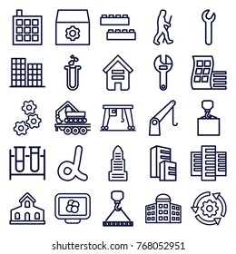 Set of 25 development outline icons such as building, modern curved building, business center, gear, wrench, hook with cargo, alpha, test tube, gear rotate, atom on display