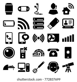 Set Of 25 Device Filled Icons Such As Laptop, Home Connection, Phone With Heart, Support, Portable Console, Wi-fi, Medical Phone, Mri, Earphones, Server, Signal, No Charge