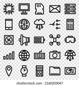 Set of 25 device and technology web icons in line style. Industry 4.0 concept factory of the future. Collection linear icons of technology. Vector illustration