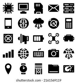 Set Of 25 Device And Technology Web Icons In Solid Style. Industry 4.0 Concept Factory Of The Future. Collection Solid Icons Of Technology. Vector Illustration