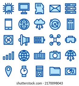 Set of 25 device and technology web icons in line blue style. Industry 4.0 concept factory of the future. Collection line blue icons of technology. Vector illustration