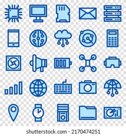 Set of 25 device and technology web icons in line blue style. Industry 4.0 concept factory of the future. Collection line blue icons of technology. Vector illustration