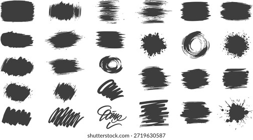 Ein Satz von 25 verschiedenen schwarzen Pinselstrichen, -flecken und -markierungen auf weißem Hintergrund für die Verwendung in Grafikdesign oder künstlerischen Projekten