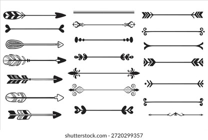 Un conjunto de 25 diferentes diseños de flechas en blanco y negro y símbolos sobre un fondo blanco