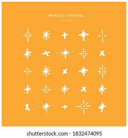 Set of 25 different bright stars and sparkles. Bundle of various shining textures and decorations. Vector hand drawn elements. 