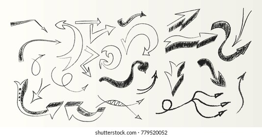 Set of 25 different hand drawn vector arrows for design projects