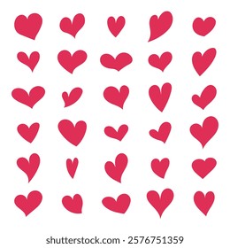 A set of 25 different hand-drawn red hearts. Perfect for Valentine's Day, wedding invitations, greeting cards, website design and other romantic projects.